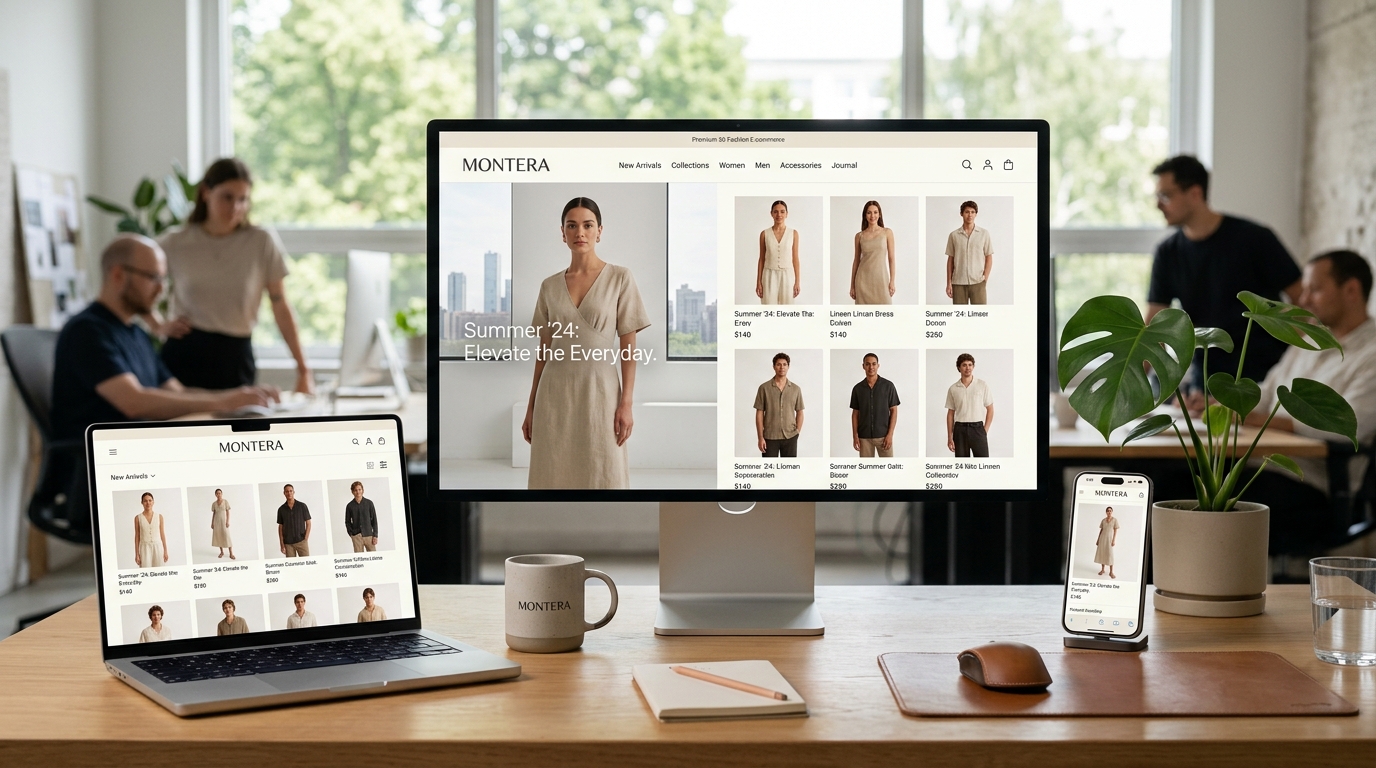 Montera e-commerce website shown on desktop, laptop and mobile screens