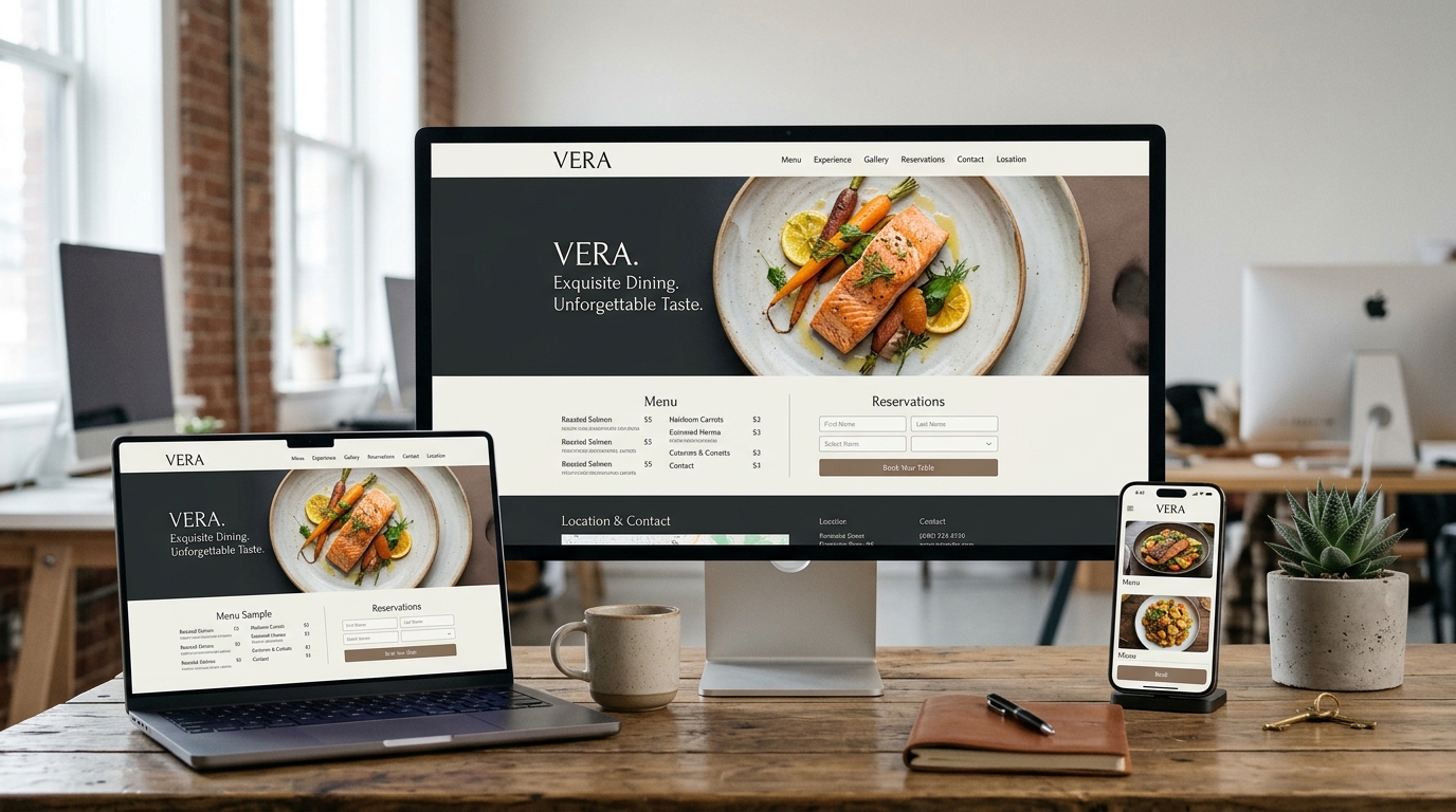 Vera restaurant website shown on desktop, laptop and mobile screens